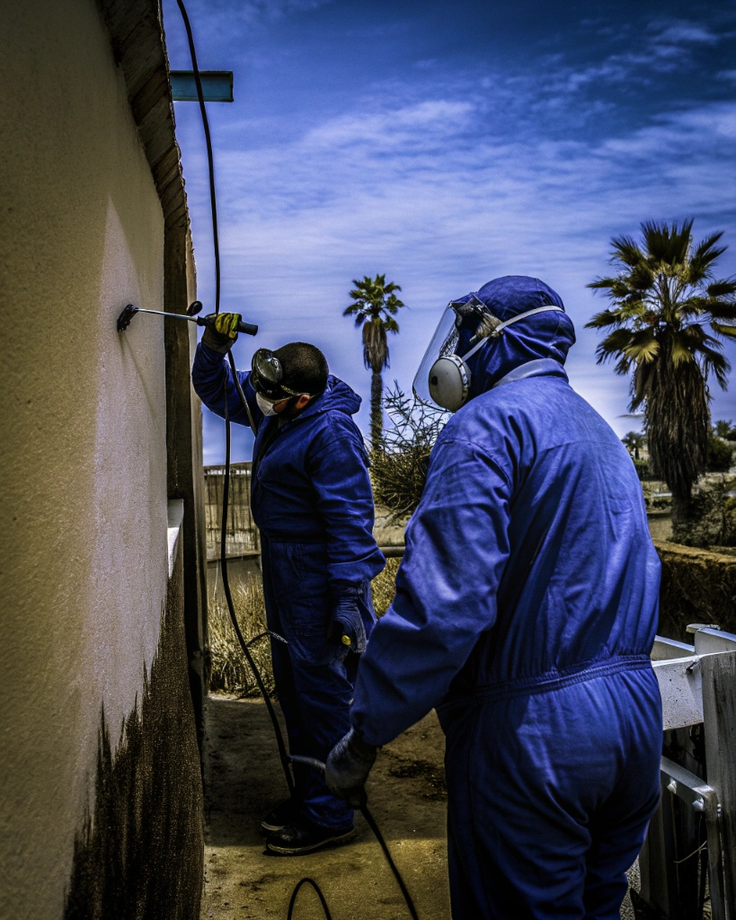 Pest control technicians carrying out an exterior treatment